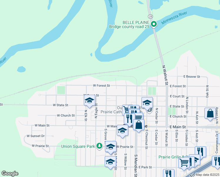 map of restaurants, bars, coffee shops, grocery stores, and more near 200 West Court Street in Belle Plaine