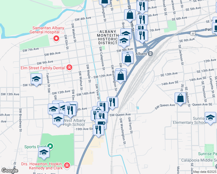 map of restaurants, bars, coffee shops, grocery stores, and more near 1400 Calapooia Street Southwest in Albany