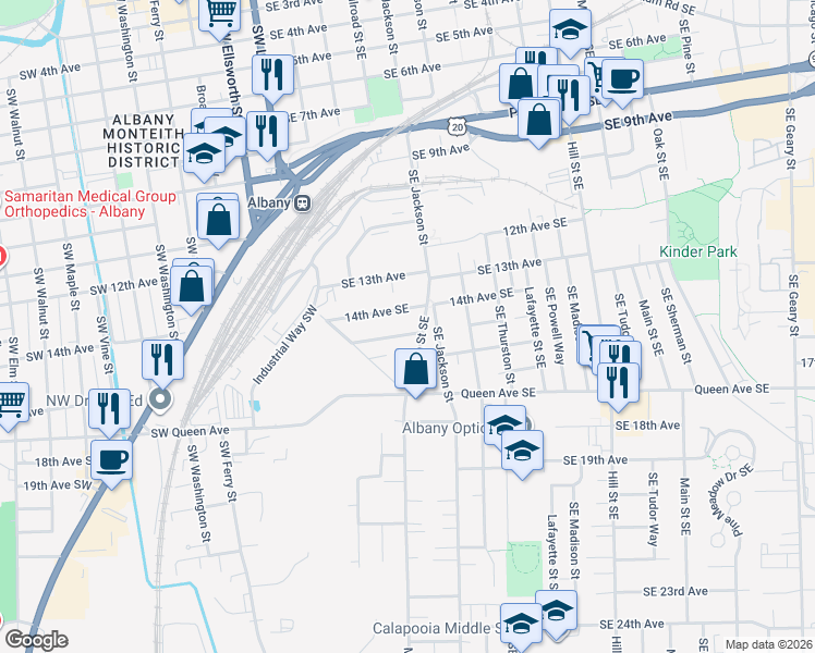 map of restaurants, bars, coffee shops, grocery stores, and more near 340 15th Avenue Southeast in Albany