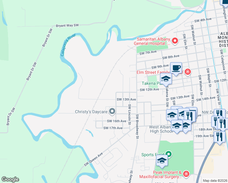 map of restaurants, bars, coffee shops, grocery stores, and more near 1817 Southwest 13th Avenue in Albany