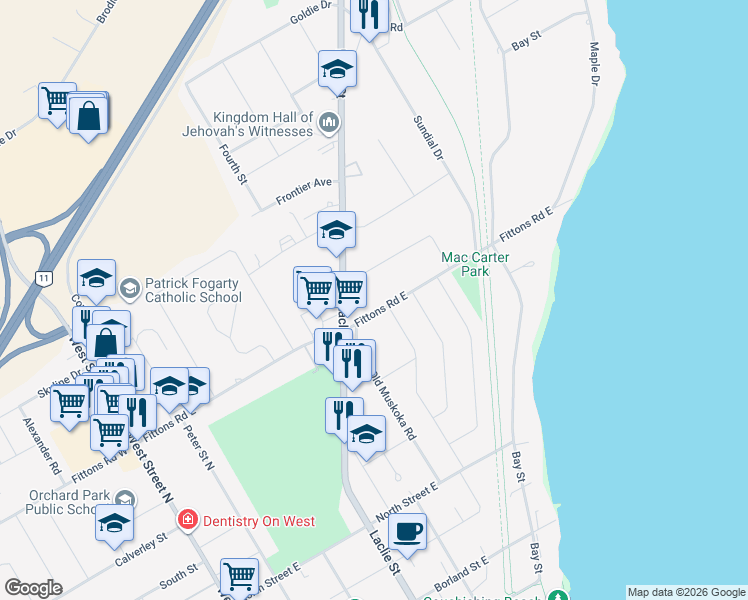 map of restaurants, bars, coffee shops, grocery stores, and more near in Orillia