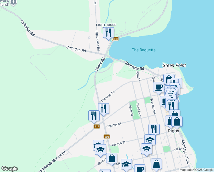 map of restaurants, bars, coffee shops, grocery stores, and more near 72 Carleton Street in Digby