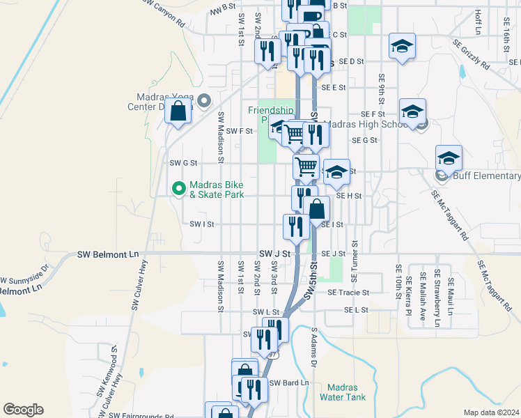 map of restaurants, bars, coffee shops, grocery stores, and more near 631 Southwest 2nd Street in Madras