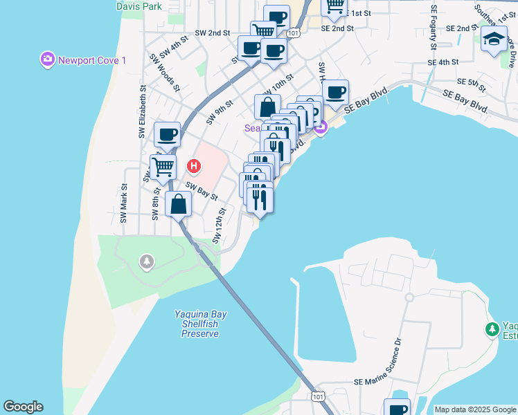 map of restaurants, bars, coffee shops, grocery stores, and more near 875 Southwest Bay Boulevard in Newport