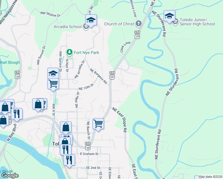map of restaurants, bars, coffee shops, grocery stores, and more near 867 Northeast Highway 20 in Toledo