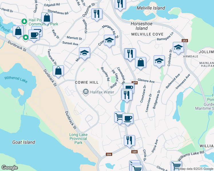 map of restaurants, bars, coffee shops, grocery stores, and more near 2 Abbey Road in Halifax