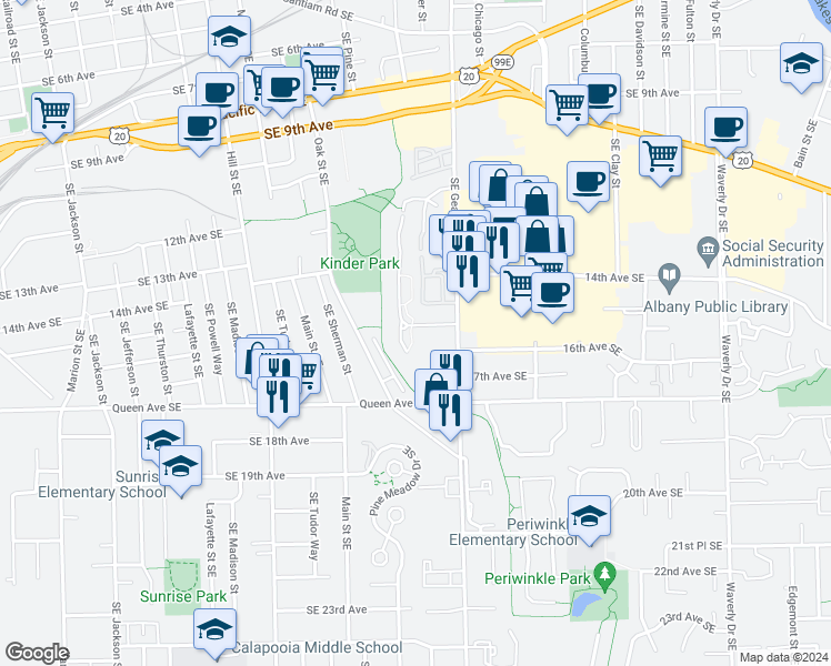 map of restaurants, bars, coffee shops, grocery stores, and more near 1610 15th Avenue Southeast in Albany