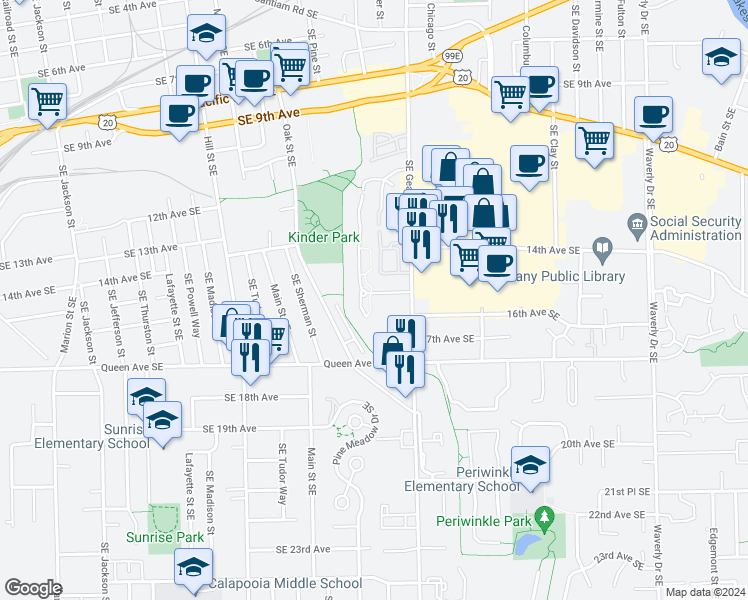 map of restaurants, bars, coffee shops, grocery stores, and more near 1634 15th Avenue Southeast in Albany
