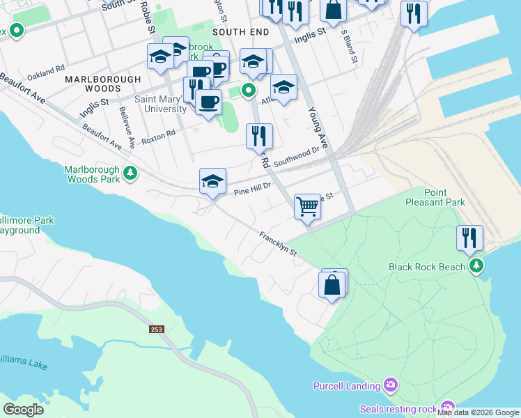 map of restaurants, bars, coffee shops, grocery stores, and more near 5994 Campbell Drive in Halifax