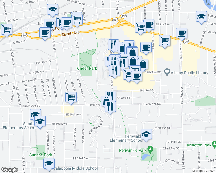 map of restaurants, bars, coffee shops, grocery stores, and more near 1740 15th Avenue Southeast in Albany
