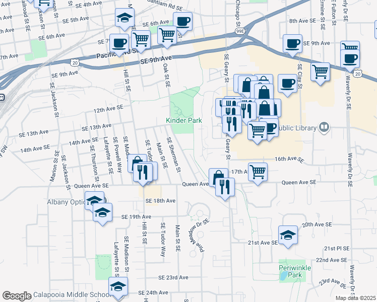 map of restaurants, bars, coffee shops, grocery stores, and more near 1605 Oak Street Southeast in Albany