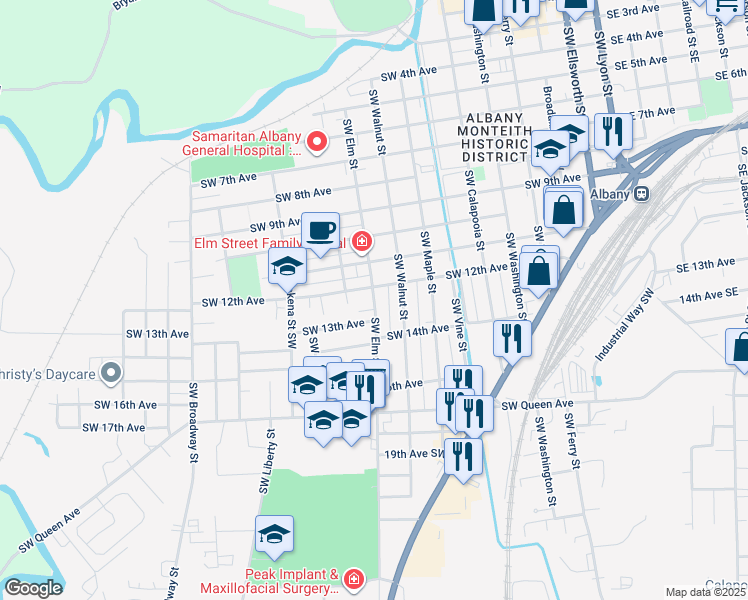 map of restaurants, bars, coffee shops, grocery stores, and more near 1239 SW Elm St in Albany