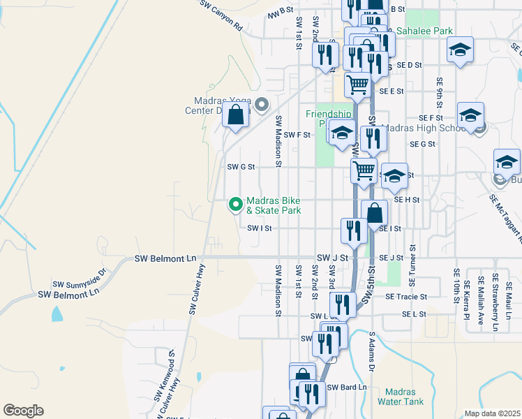 map of restaurants, bars, coffee shops, grocery stores, and more near 645 Southwest Marshall Street in Madras