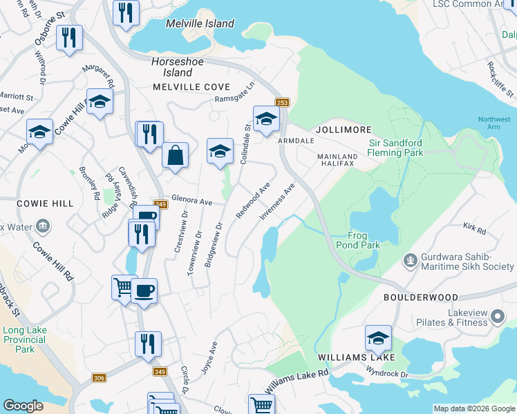 map of restaurants, bars, coffee shops, grocery stores, and more near 6 Colindale Street in Halifax