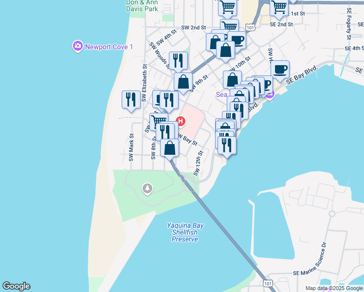 map of restaurants, bars, coffee shops, grocery stores, and more near 900-998 Southwest Bay Street in Newport
