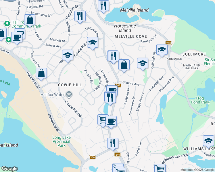 map of restaurants, bars, coffee shops, grocery stores, and more near 117 Cavendish Road in Halifax
