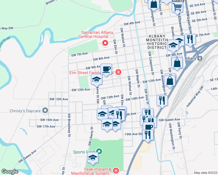 map of restaurants, bars, coffee shops, grocery stores, and more near 1120 Southwest 12th Avenue in Albany