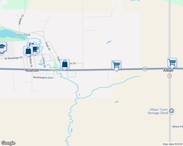 map of restaurants, bars, coffee shops, grocery stores, and more near 510 Grand Avenue East in Rosholt