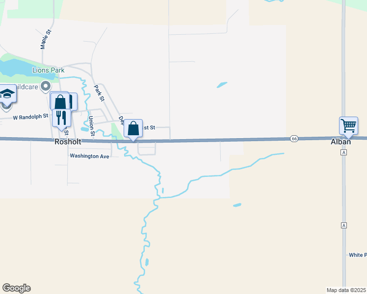 map of restaurants, bars, coffee shops, grocery stores, and more near 510 Grand Avenue East in Rosholt