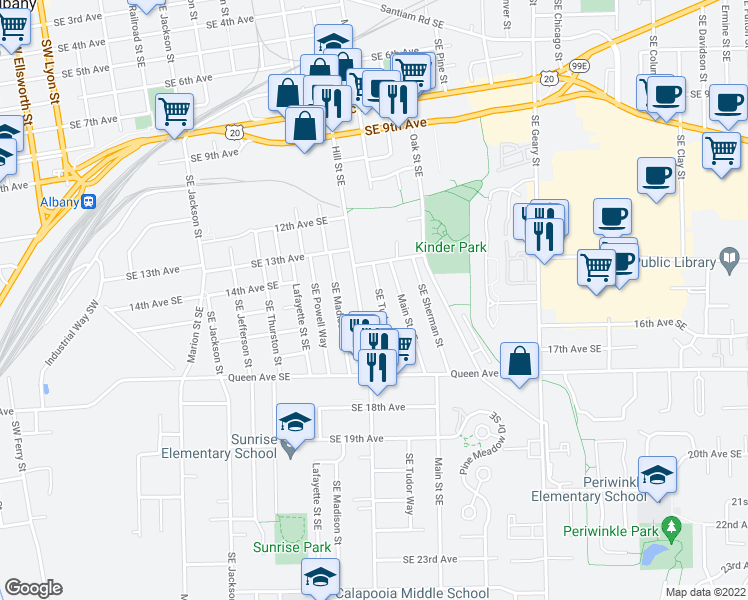 map of restaurants, bars, coffee shops, grocery stores, and more near 1520 Southeast Tudor Way in Albany