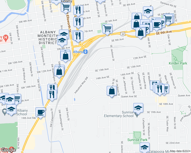 map of restaurants, bars, coffee shops, grocery stores, and more near 205 14th Avenue Southeast in Albany