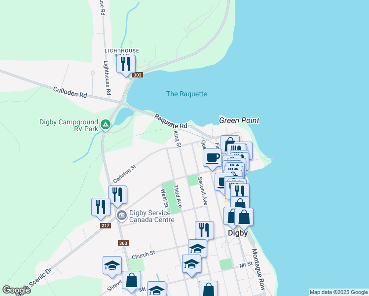 map of restaurants, bars, coffee shops, grocery stores, and more near 208 King Street in Digby