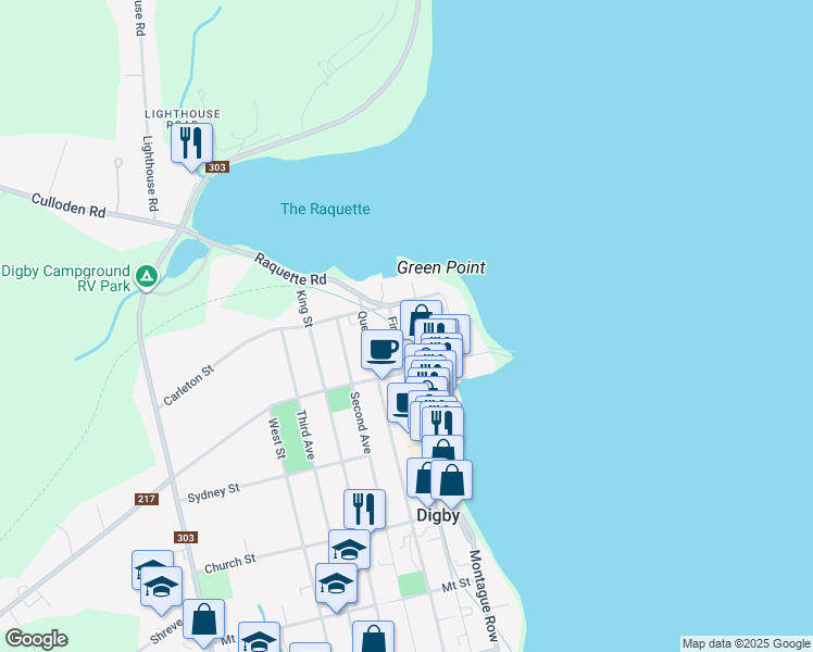 map of restaurants, bars, coffee shops, grocery stores, and more near 19 Birch Street in Digby