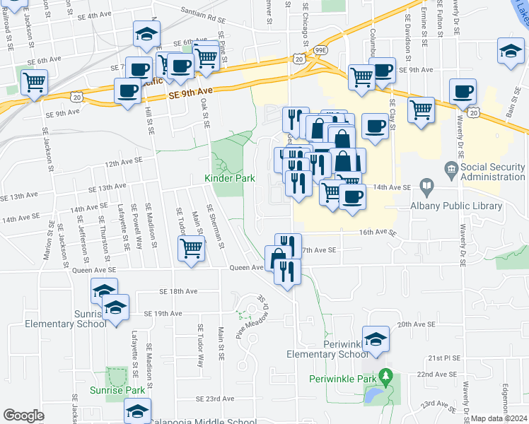 map of restaurants, bars, coffee shops, grocery stores, and more near 1533 15th Avenue Southeast in Albany