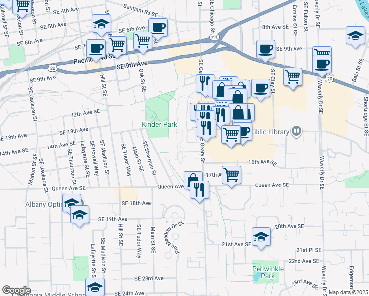 map of restaurants, bars, coffee shops, grocery stores, and more near 1635 15th Avenue Southeast in Albany