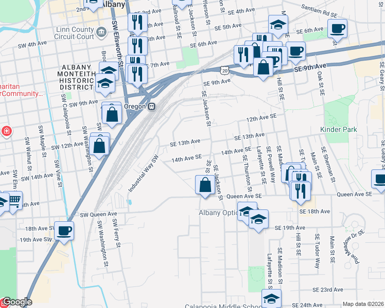 map of restaurants, bars, coffee shops, grocery stores, and more near 345 14th Avenue Southeast in Albany