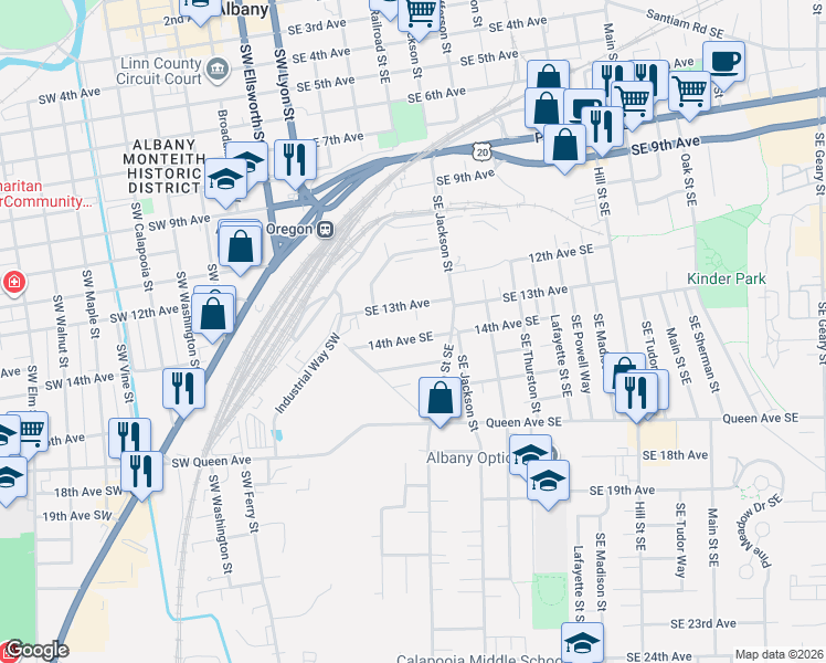 map of restaurants, bars, coffee shops, grocery stores, and more near 345 14th Avenue Southeast in Albany