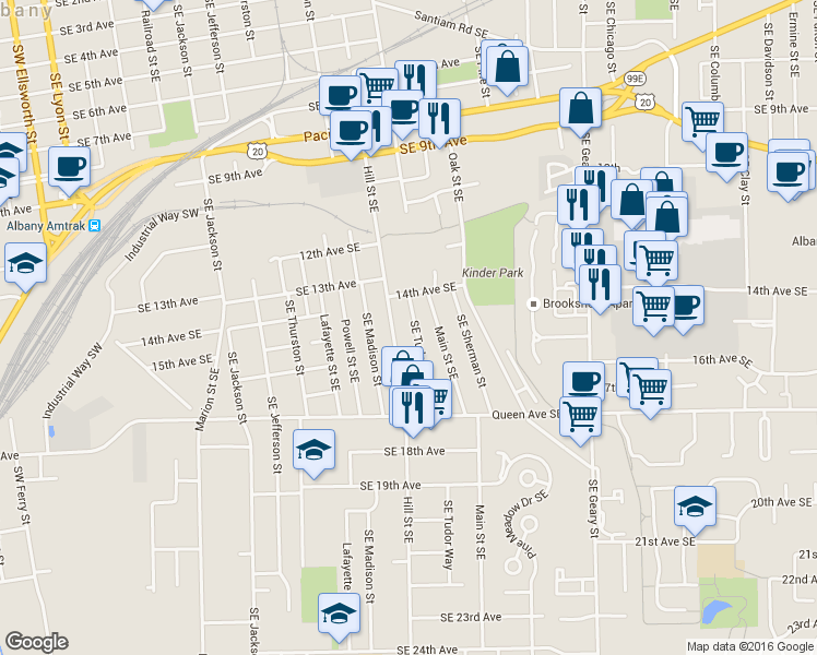 map of restaurants, bars, coffee shops, grocery stores, and more near 1510 Tudor Way SE in Albany