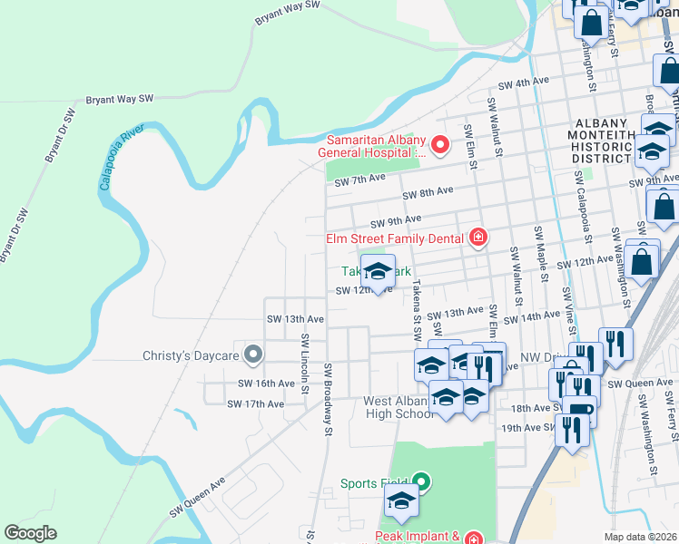 map of restaurants, bars, coffee shops, grocery stores, and more near 1445 Southwest City View Place in Albany