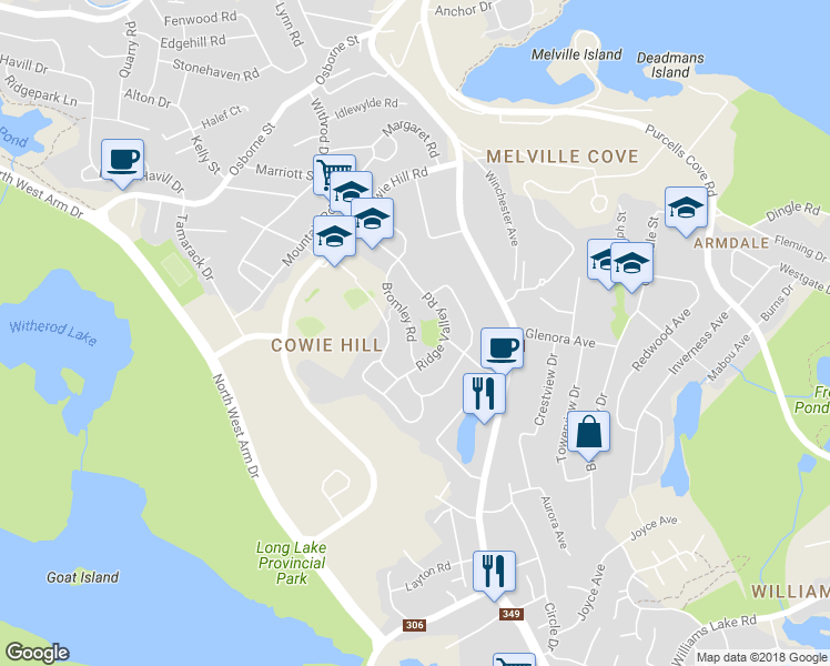map of restaurants, bars, coffee shops, grocery stores, and more near 103 Bromley Road in Halifax