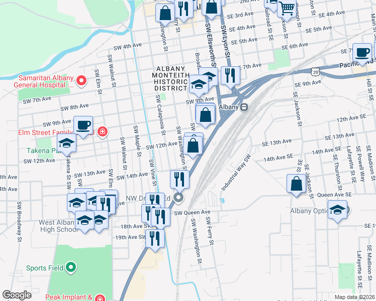 map of restaurants, bars, coffee shops, grocery stores, and more near 1213 Southwest Washington Street in Albany