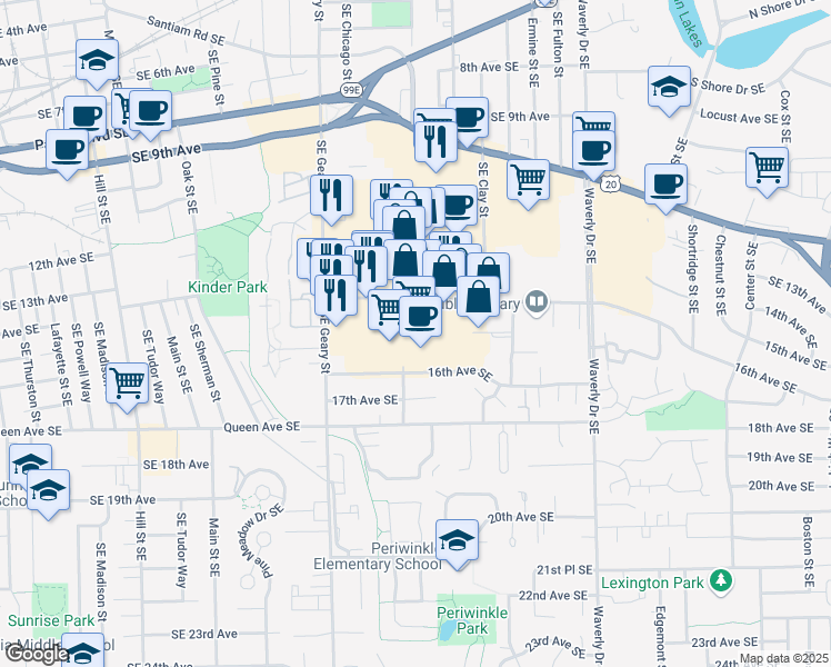 map of restaurants, bars, coffee shops, grocery stores, and more near 1990 14th Avenue Southeast in Albany