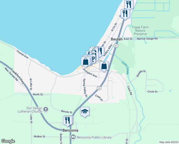 map of restaurants, bars, coffee shops, grocery stores, and more near 7157 Crystal Drive in Beulah