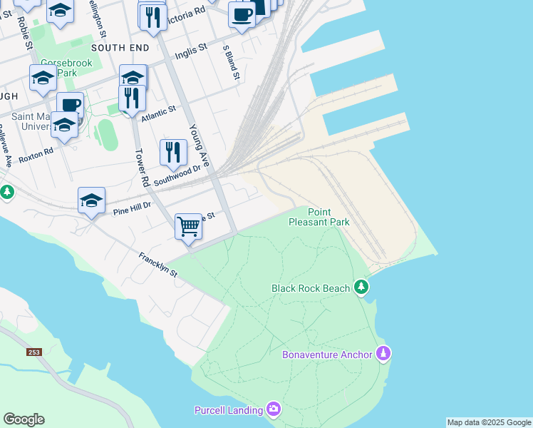 map of restaurants, bars, coffee shops, grocery stores, and more near 5623 Point Pleasant Drive in Halifax