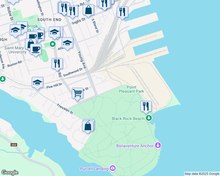 map of restaurants, bars, coffee shops, grocery stores, and more near 5623 Point Pleasant Drive in Halifax