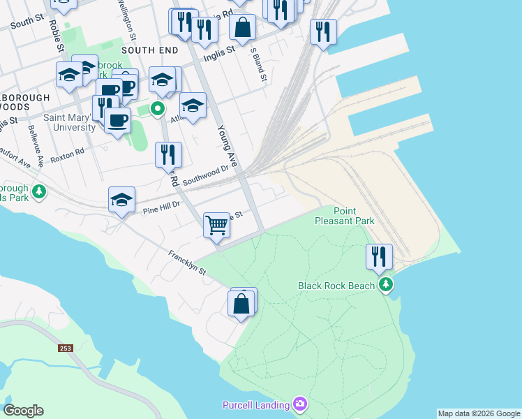 map of restaurants, bars, coffee shops, grocery stores, and more near 545 Young Avenue in Halifax