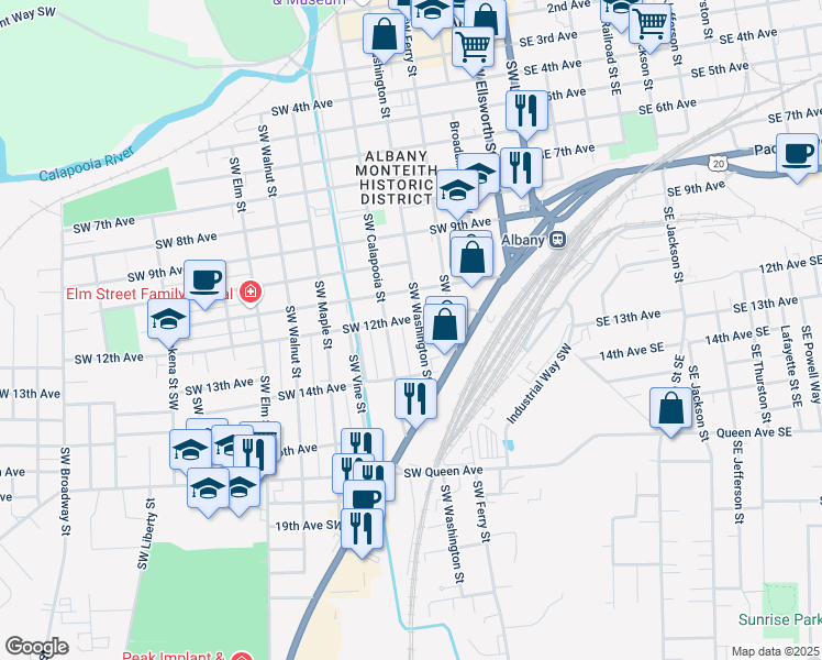 map of restaurants, bars, coffee shops, grocery stores, and more near 1213 Southwest Washington Street in Albany