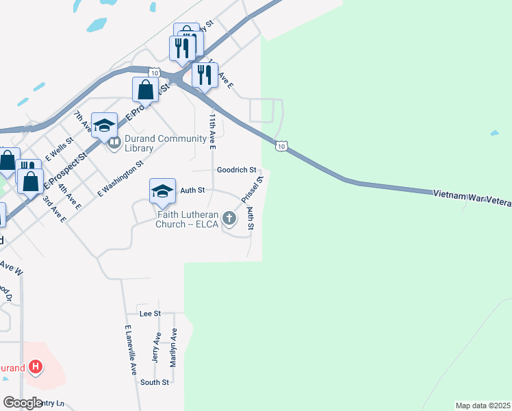 map of restaurants, bars, coffee shops, grocery stores, and more near 1010 Auth Street in Durand