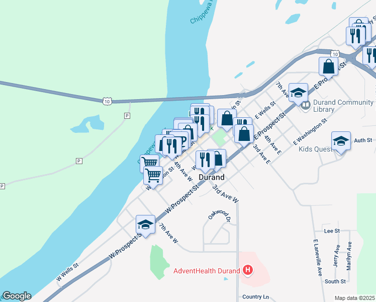 map of restaurants, bars, coffee shops, grocery stores, and more near 200 3rd Avenue West in Durand