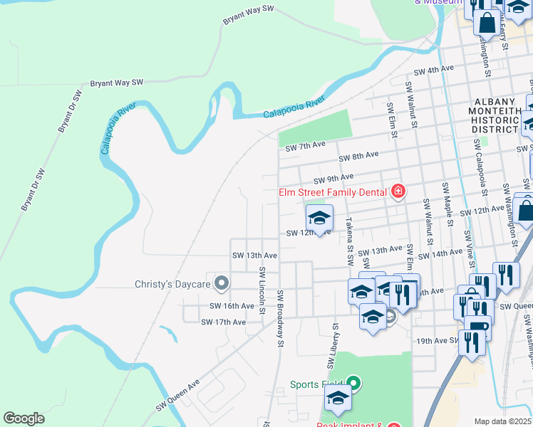 map of restaurants, bars, coffee shops, grocery stores, and more near 1043 Southwest Lincoln Street in Albany
