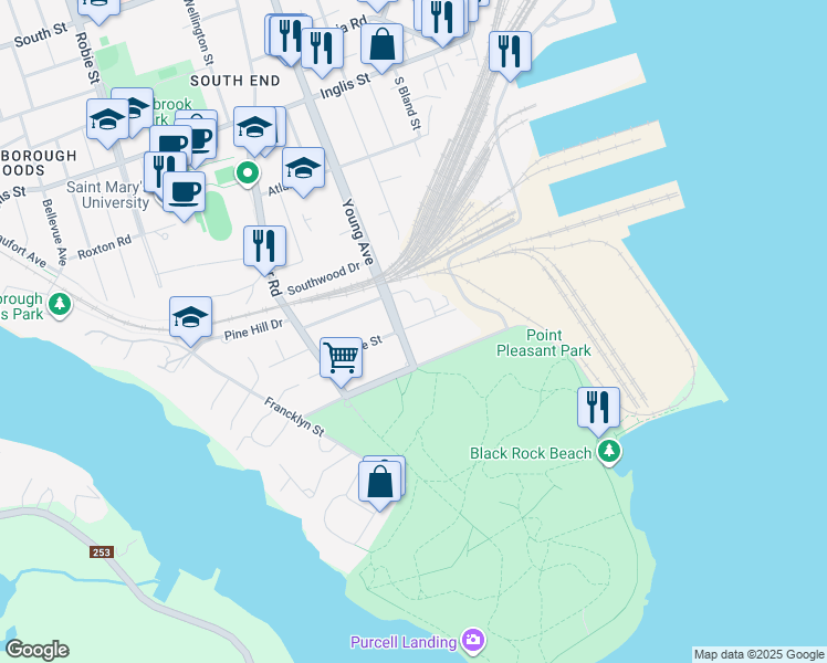 map of restaurants, bars, coffee shops, grocery stores, and more near 545 Young Avenue in Halifax