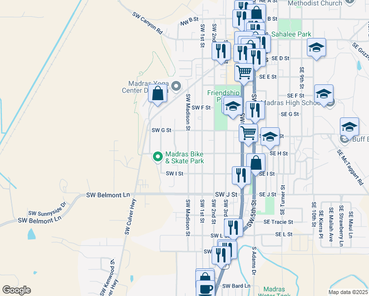 map of restaurants, bars, coffee shops, grocery stores, and more near 586 Southwest Madison Street in Madras