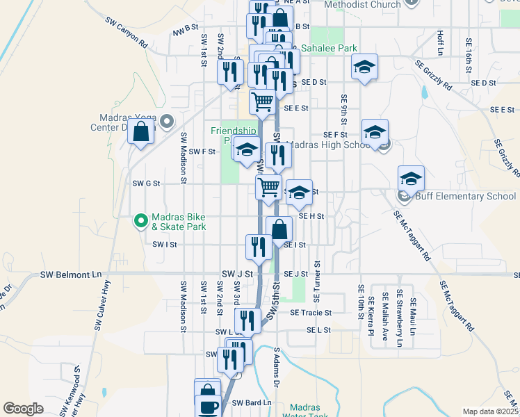 map of restaurants, bars, coffee shops, grocery stores, and more near 574 SW 4th St in Madras