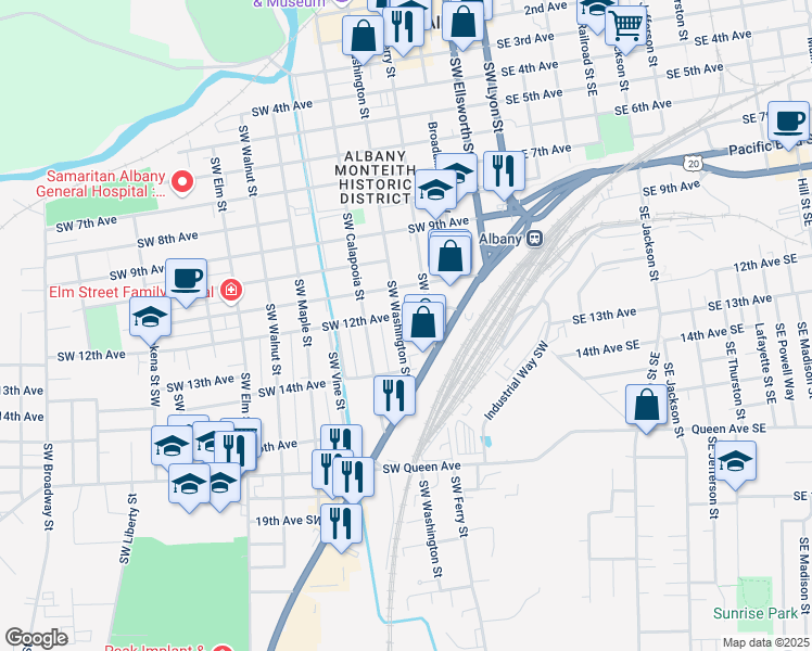 map of restaurants, bars, coffee shops, grocery stores, and more near 1213 Southwest Washington Street in Albany