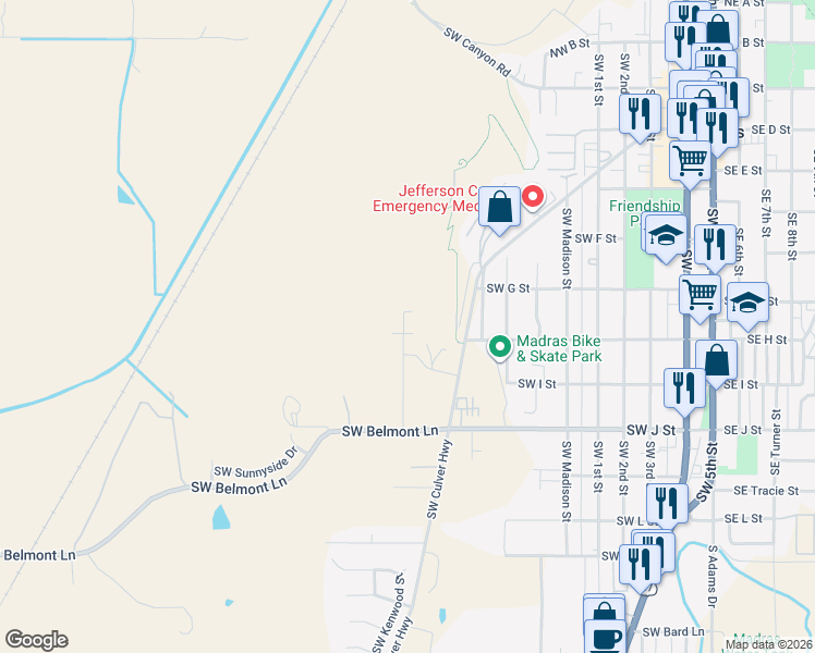 map of restaurants, bars, coffee shops, grocery stores, and more near 590 Southwest H Street in Madras