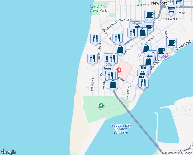 map of restaurants, bars, coffee shops, grocery stores, and more near 958 Southwest Elizabeth Street in Newport